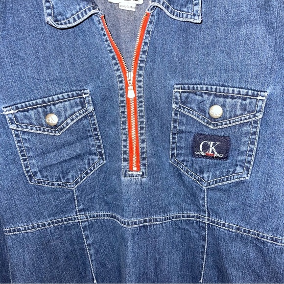 Calvin Klein Denim Dress Size Medium Petite Blue Red Long Sleeve Vintage Jean - Picture 5 of 8